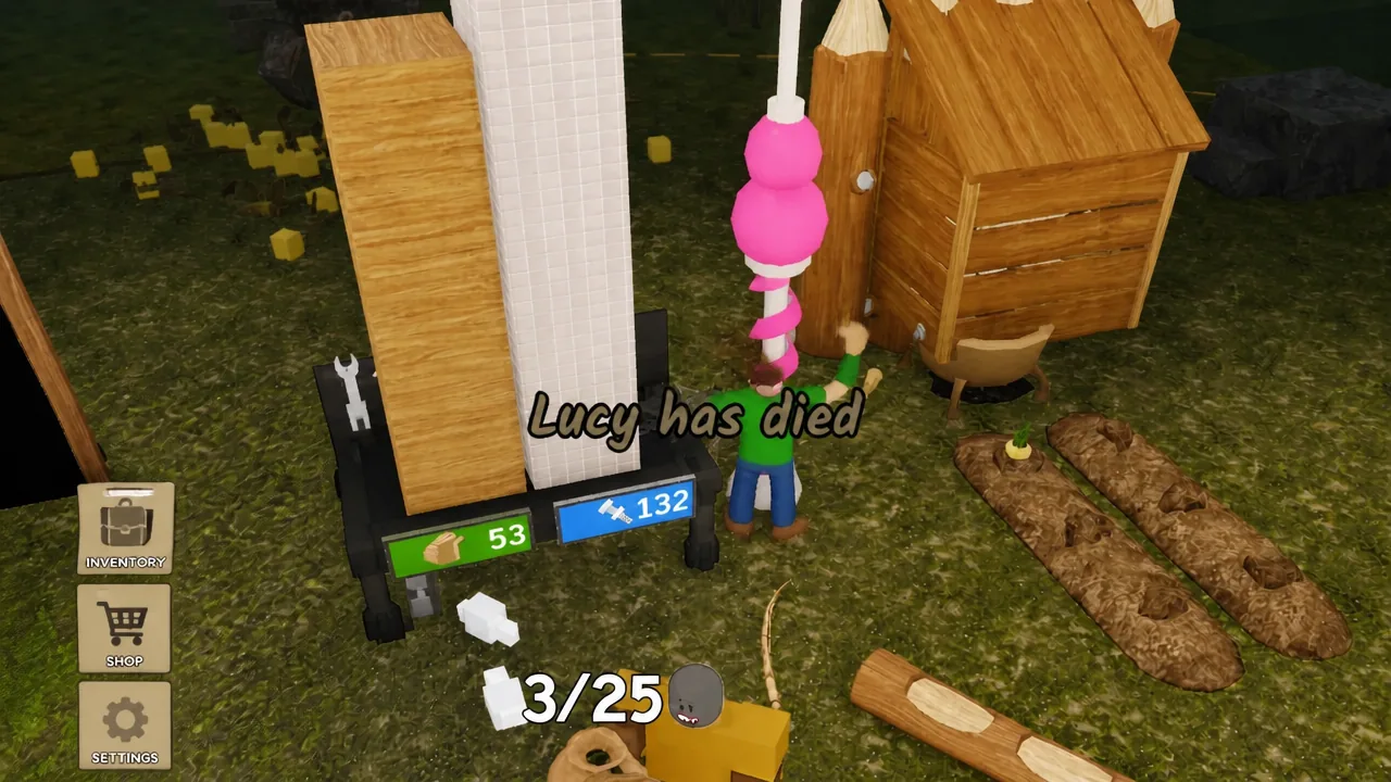 On-screen death notice reading Lucy has died, with the shelter and garden in the background