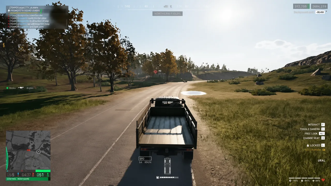 Ural truck driving toward the H0 objective on the Northern Fields map with the HUD visible