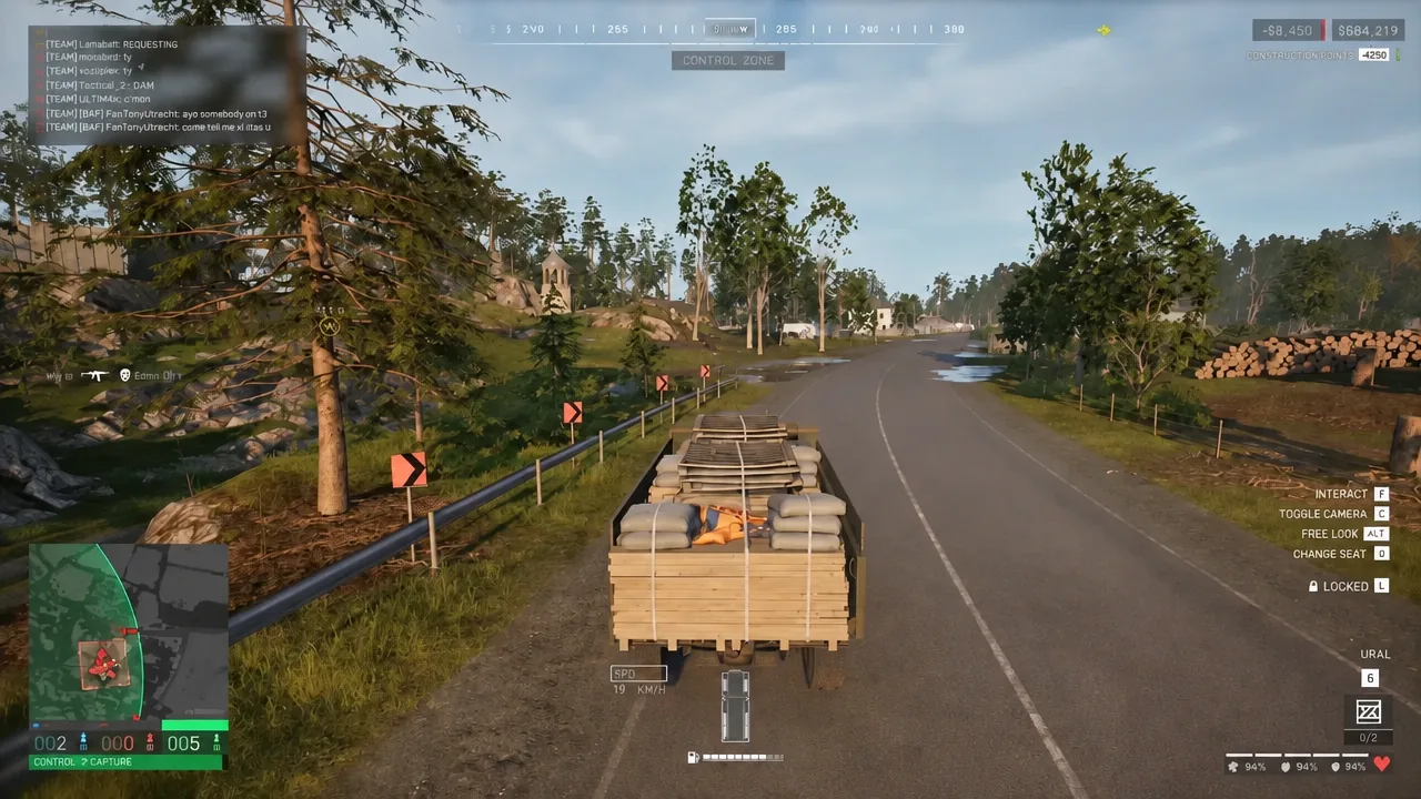 Ural truck driving toward the highlighted Control 2 objective on the Control Zone screen