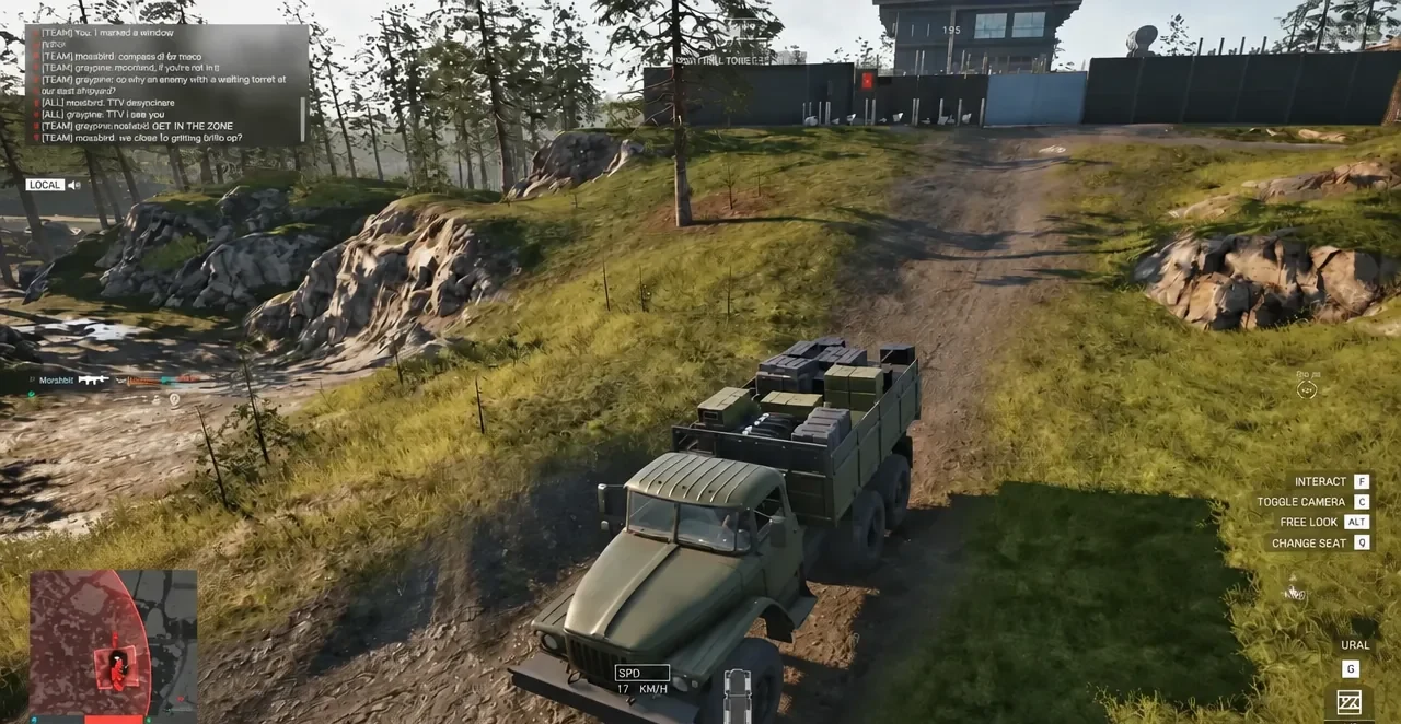 Vehicle HUD showing Interact, Toggle Camera, Free Look and Change Seat prompts in the Ural