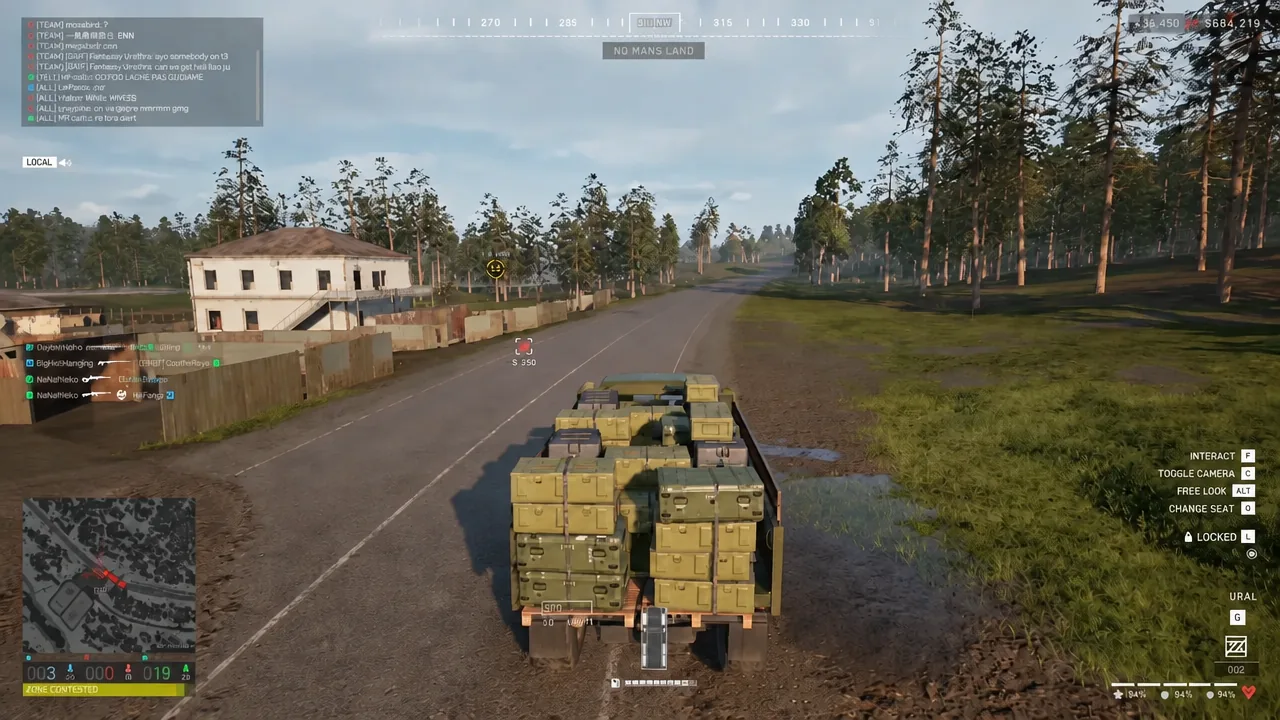 Ural truck on a No Man's Land road with vehicle control prompts visible at the right of the screen