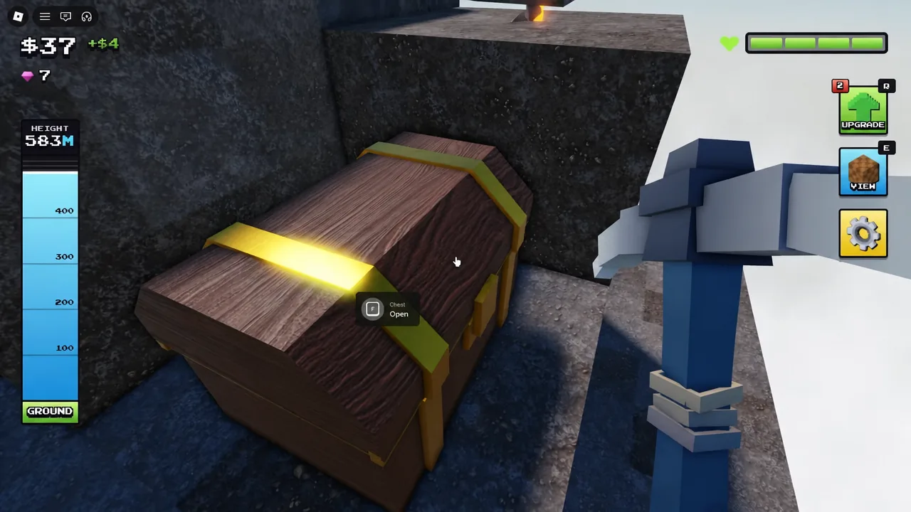 Buried chest with an on-screen prompt showing the F key to open it