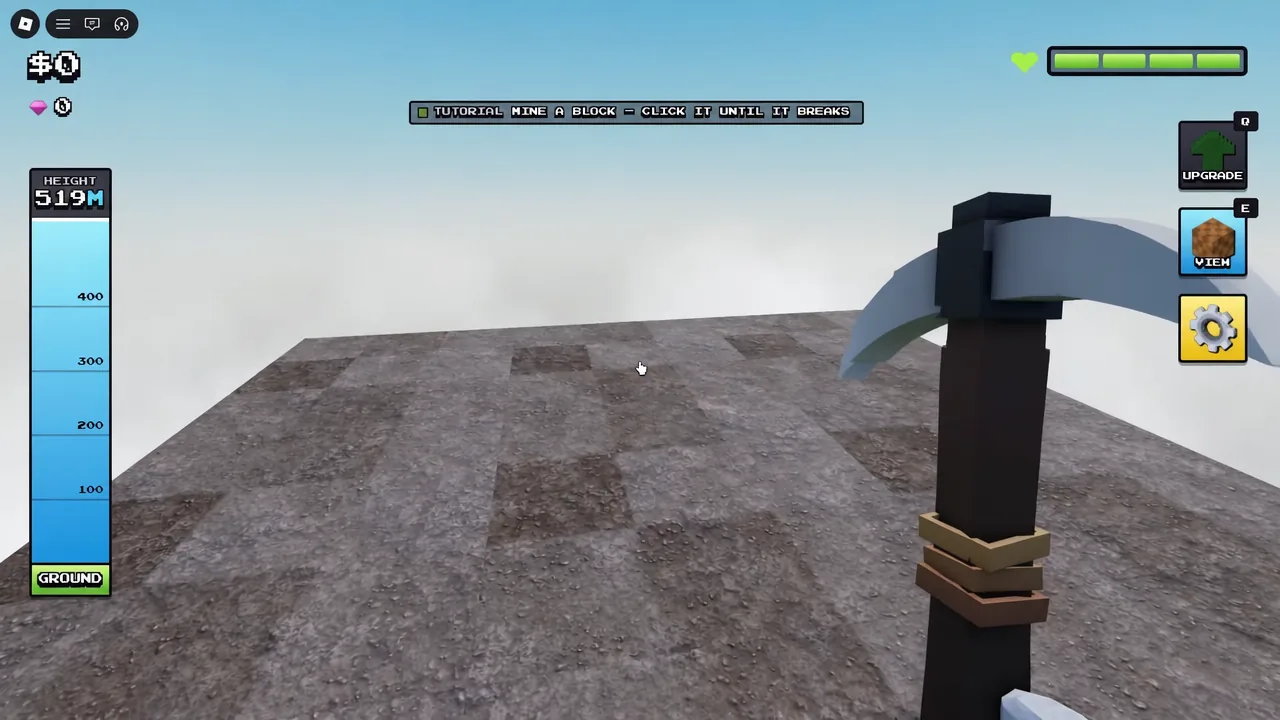 Tutorial prompt telling the player to click a ground block with the pickaxe until it breaks