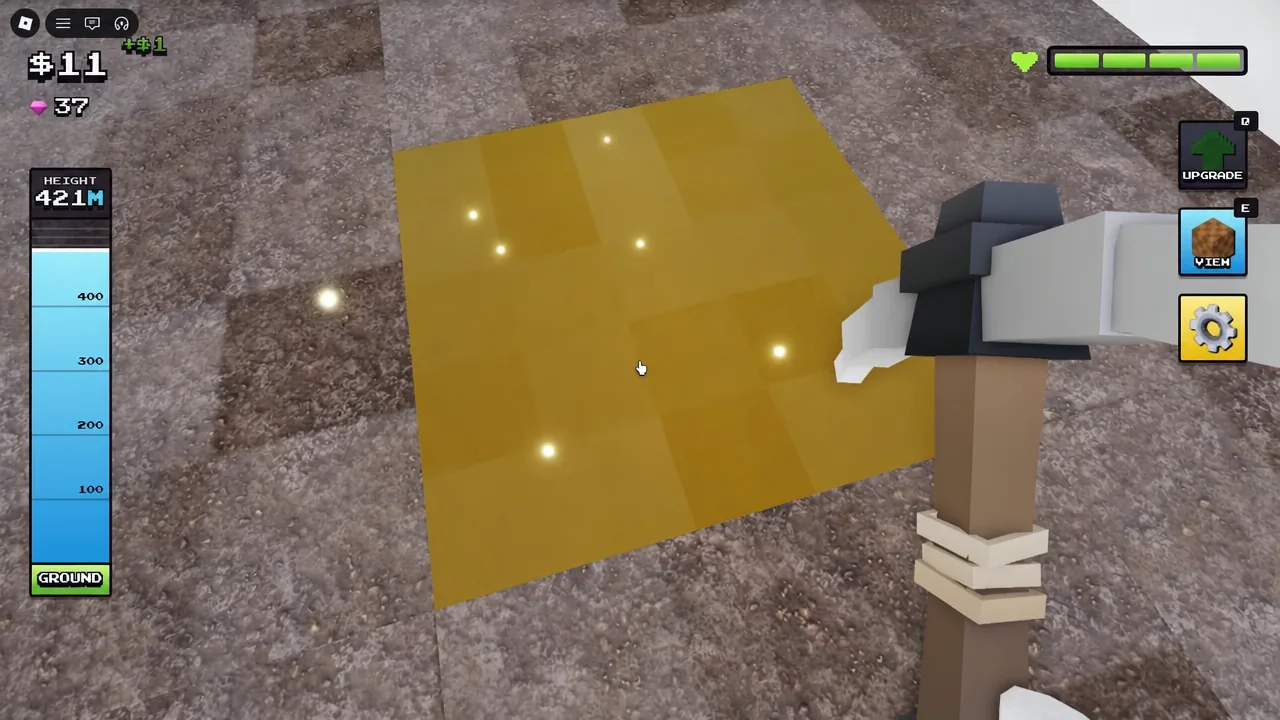 A gold ore block highlighted mid-swing while the player mines it with an equipped pickaxe