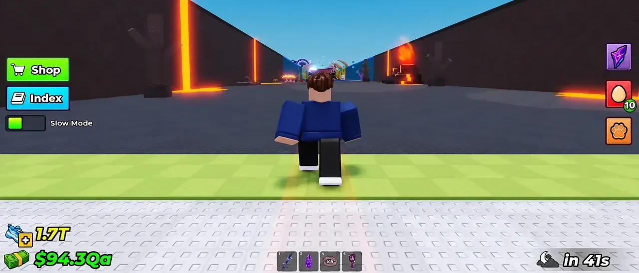 Player character running across the arena with the Shop and Index buttons on the left of the HUD