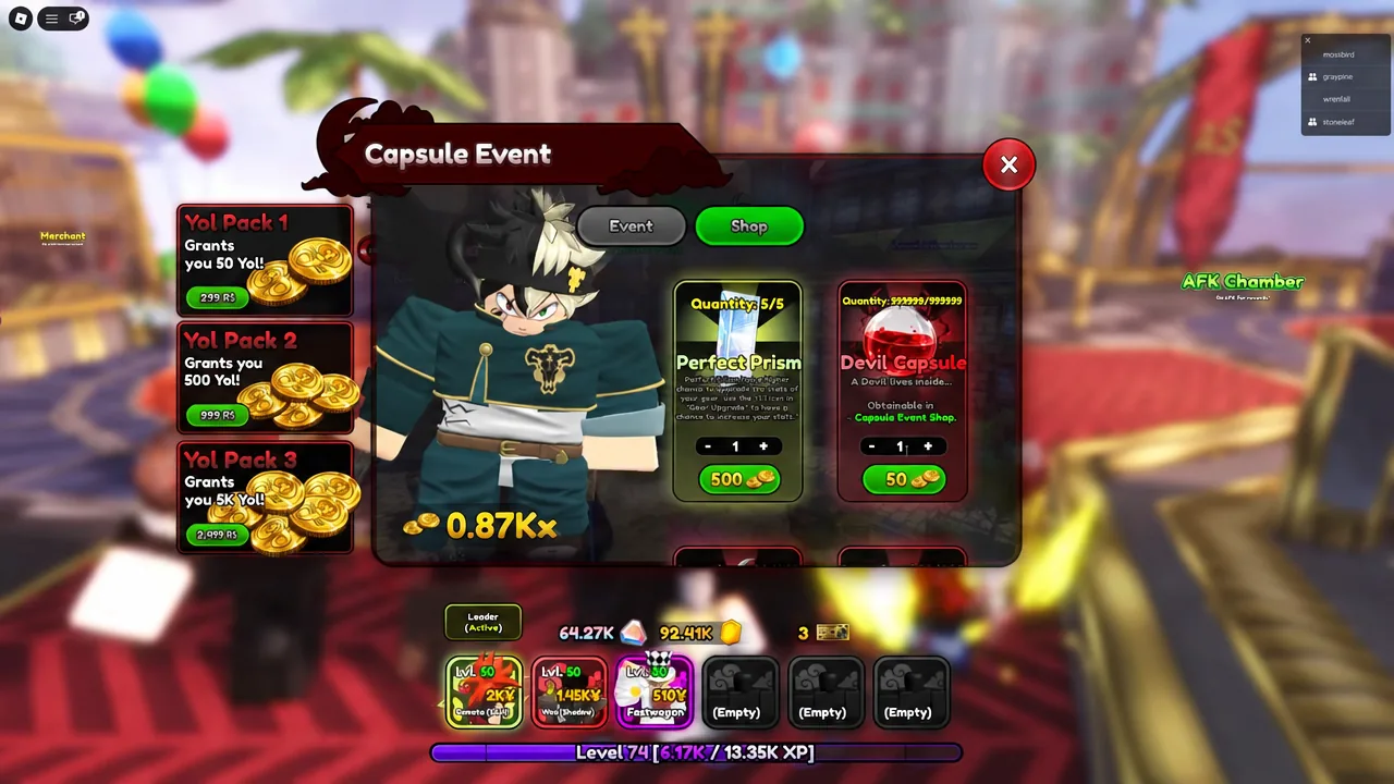 Capsule Event shop tab listing Perfect Prism and Devil Capsule purchases