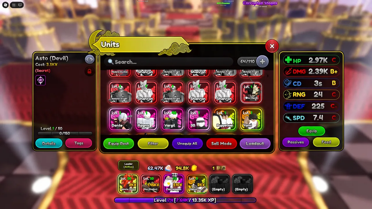Units inventory with Asto (Devil) selected and his stat panel open
