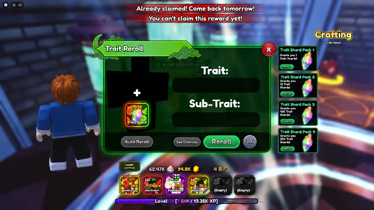 Trait Reroll screen with a Trait Shard loaded and the Reroll button active
