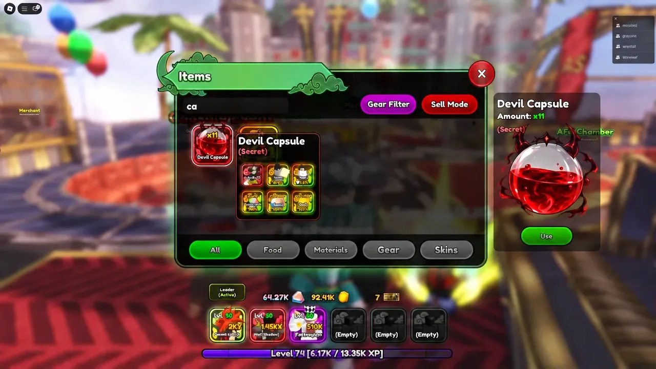 Items menu with Devil Capsule selected and the Use button highlighted