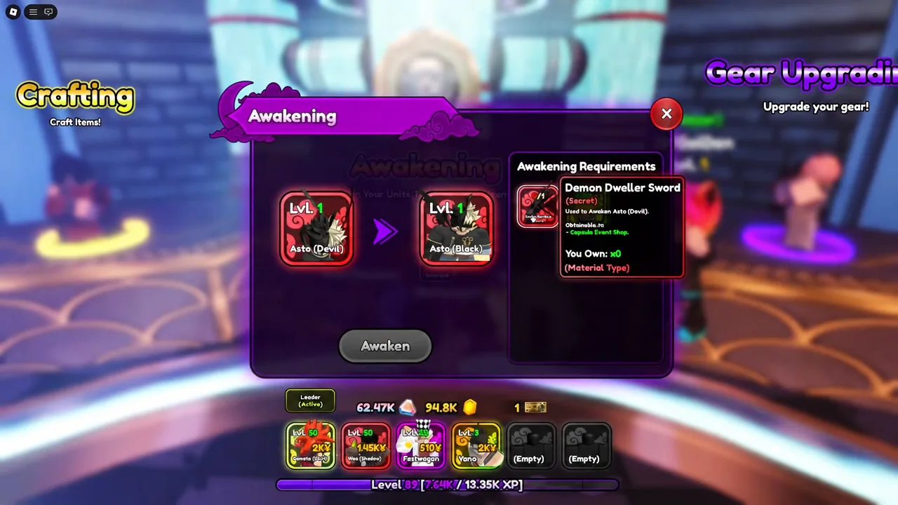Awakening screen showing Asto (Devil) converting to Asto (Black) with the Demon Dweller Sword requirement