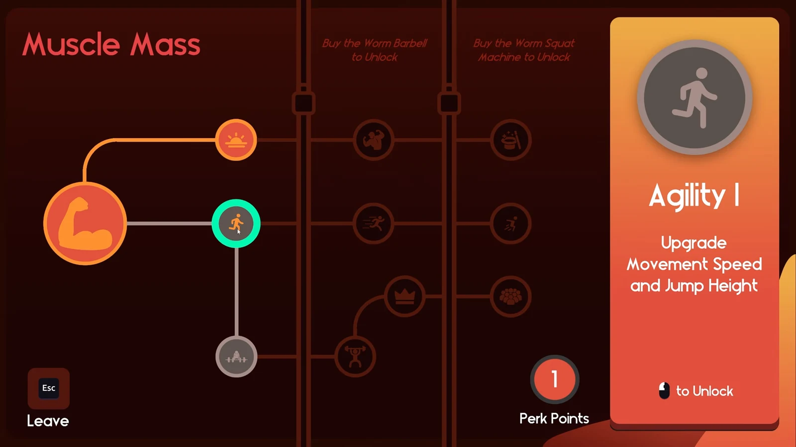 Muscle Mass perk tree with Agility I selected, offering a movement speed and jump height upgrade for one perk point