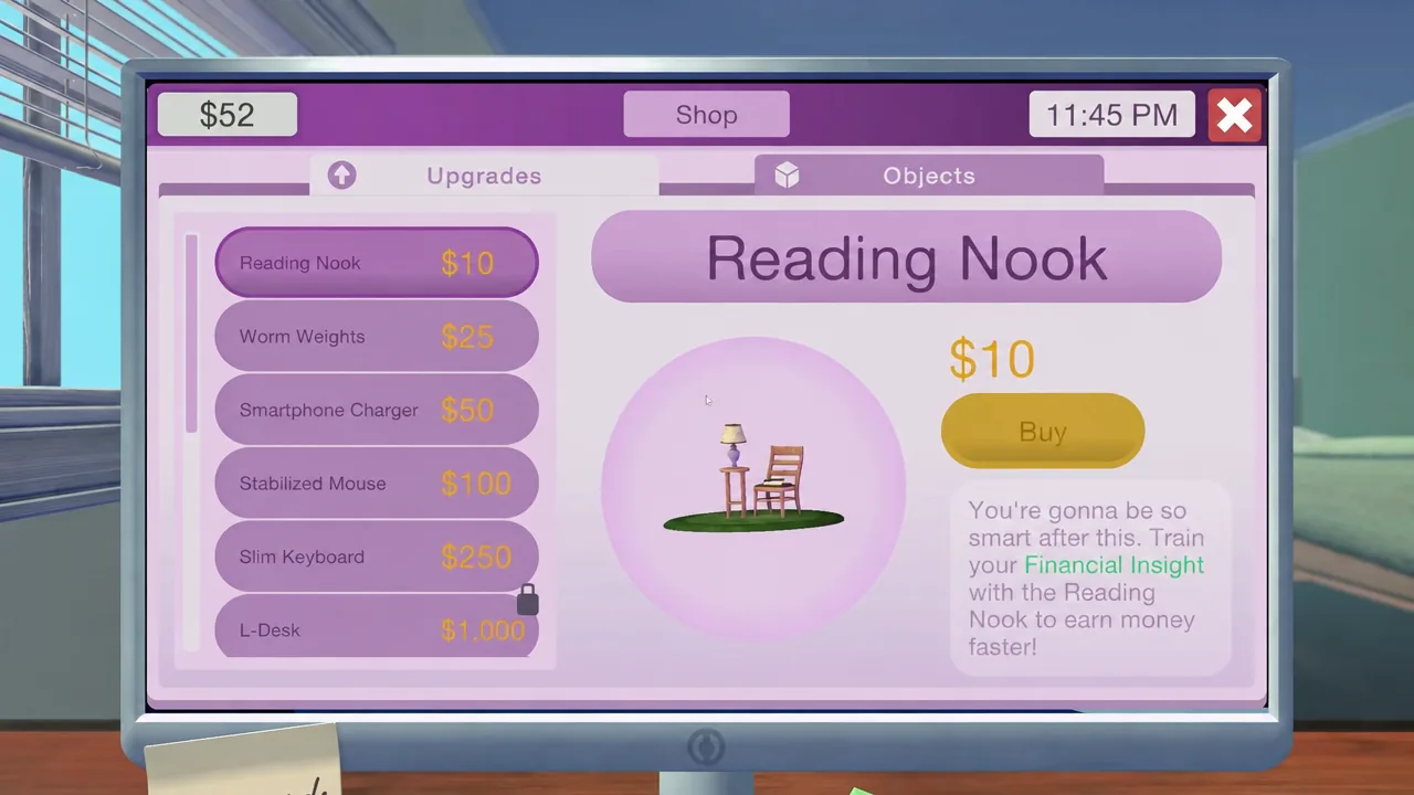 In-game Shop with the Reading Nook selected and a Buy button beneath the $10 price