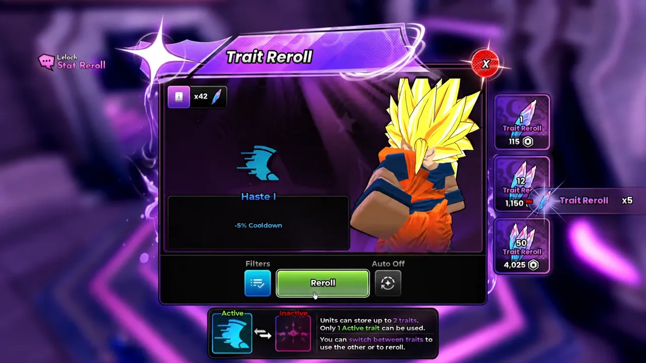 Trait Reroll screen in Anime Origins with the Reroll button highlighted over an active Haste I trait