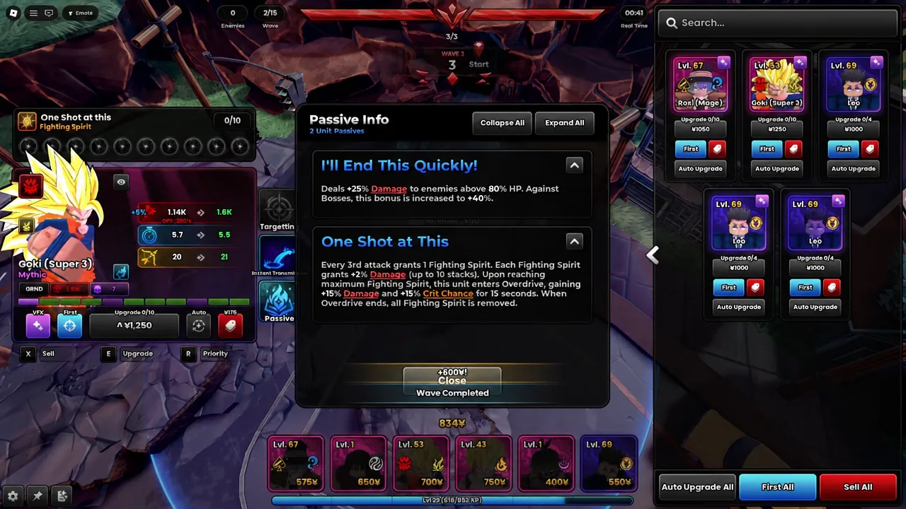 Passive Info panel listing a unit's passive abilities mid-match after Wave 3
