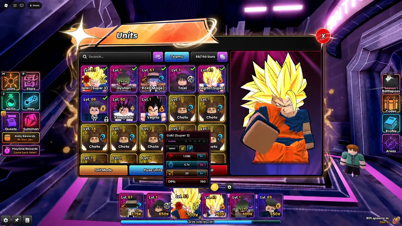 Goki (Super 3) shown in the Anime Origins unit inventory before being equipped to the team