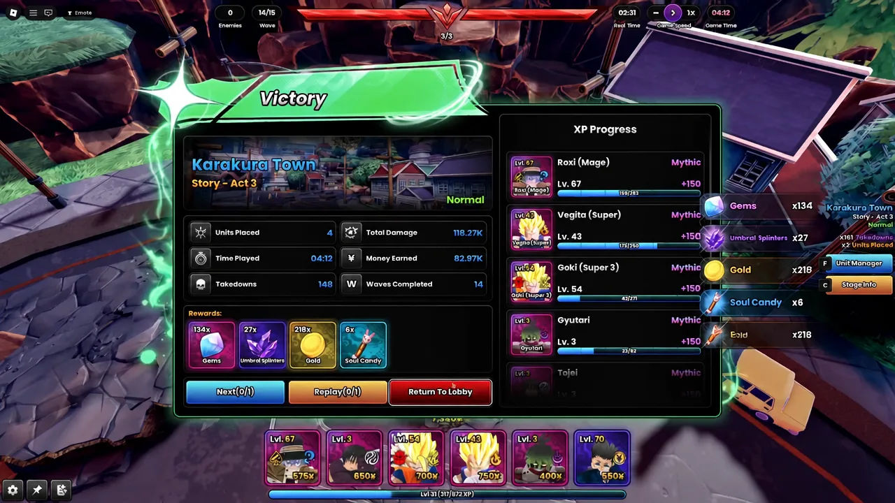 Victory results screen for Karakura Town Story Act 3 showing gem, gold and material rewards