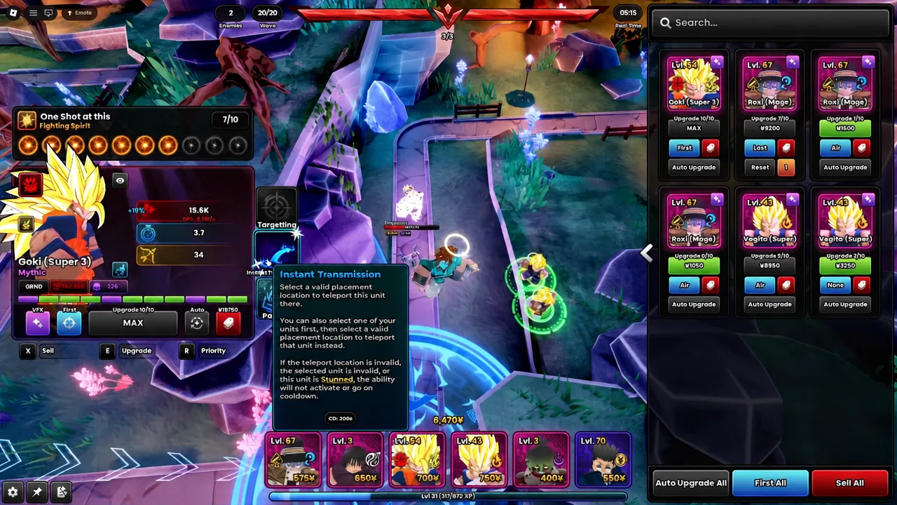 Goki (Super 3) unit panel showing the Instant Transmission tooltip while choosing a teleport spot