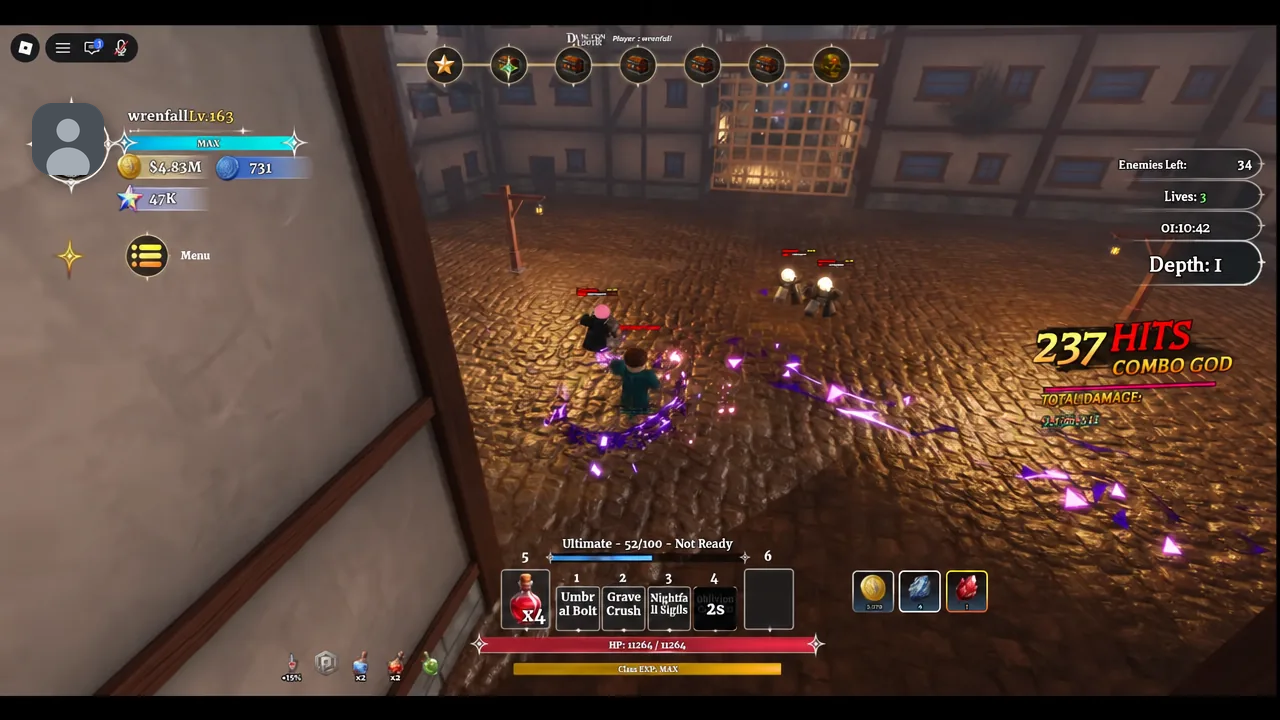 Player clearing a room of enemies with purple magic attacks during a Dungeon Lootr run