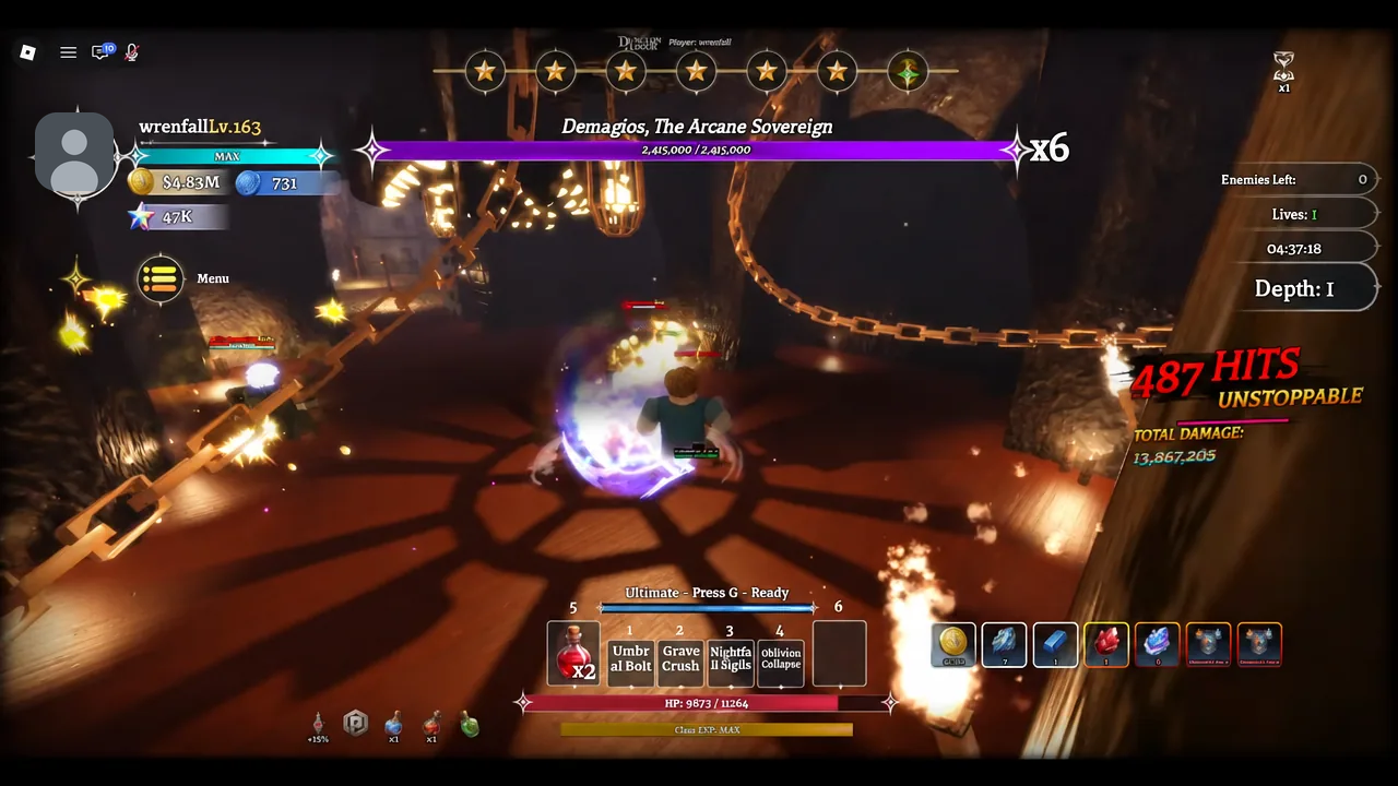 Demagios, The Arcane Sovereign boss fight with the Press G Ultimate prompt lit up on screen