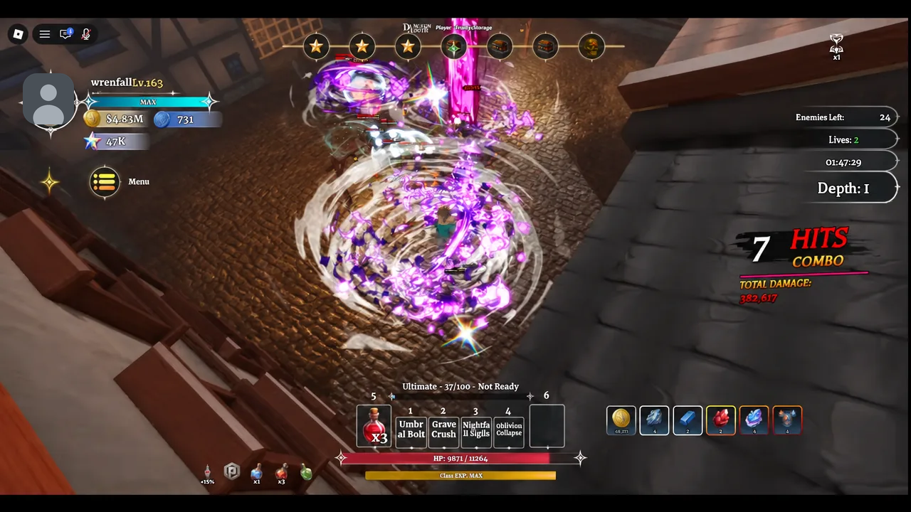 Swirling purple area-of-effect attack engulfing a group of enemies with the ability bar visible