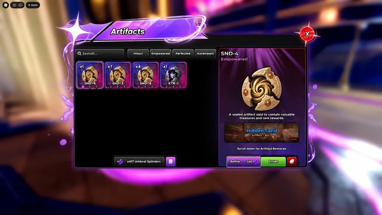 Artifacts screen with the SND-4 Empowered artifact selected before starting a Hidden Sand run