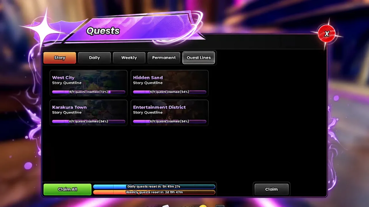Quests screen on the Story tab listing quest progress bars and claim buttons