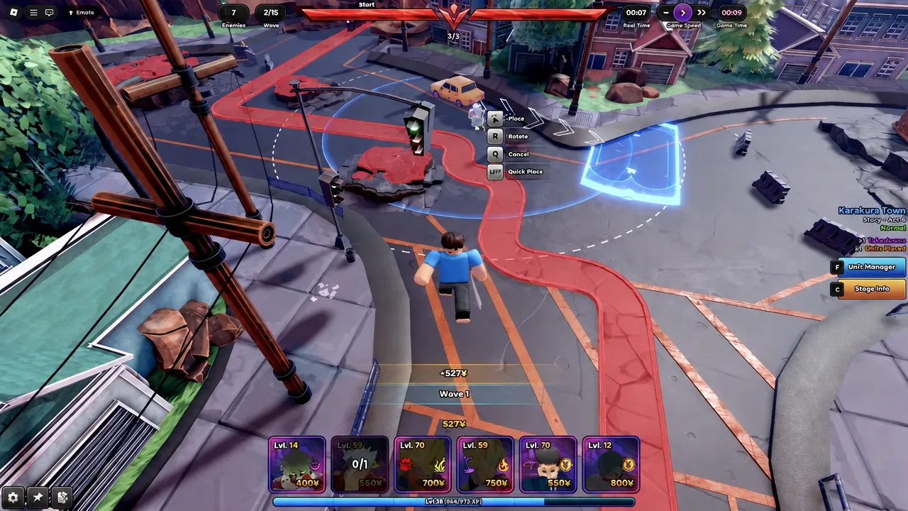 The Place button highlighted during a stage while a unit's blue placement circle is previewed on the lane
