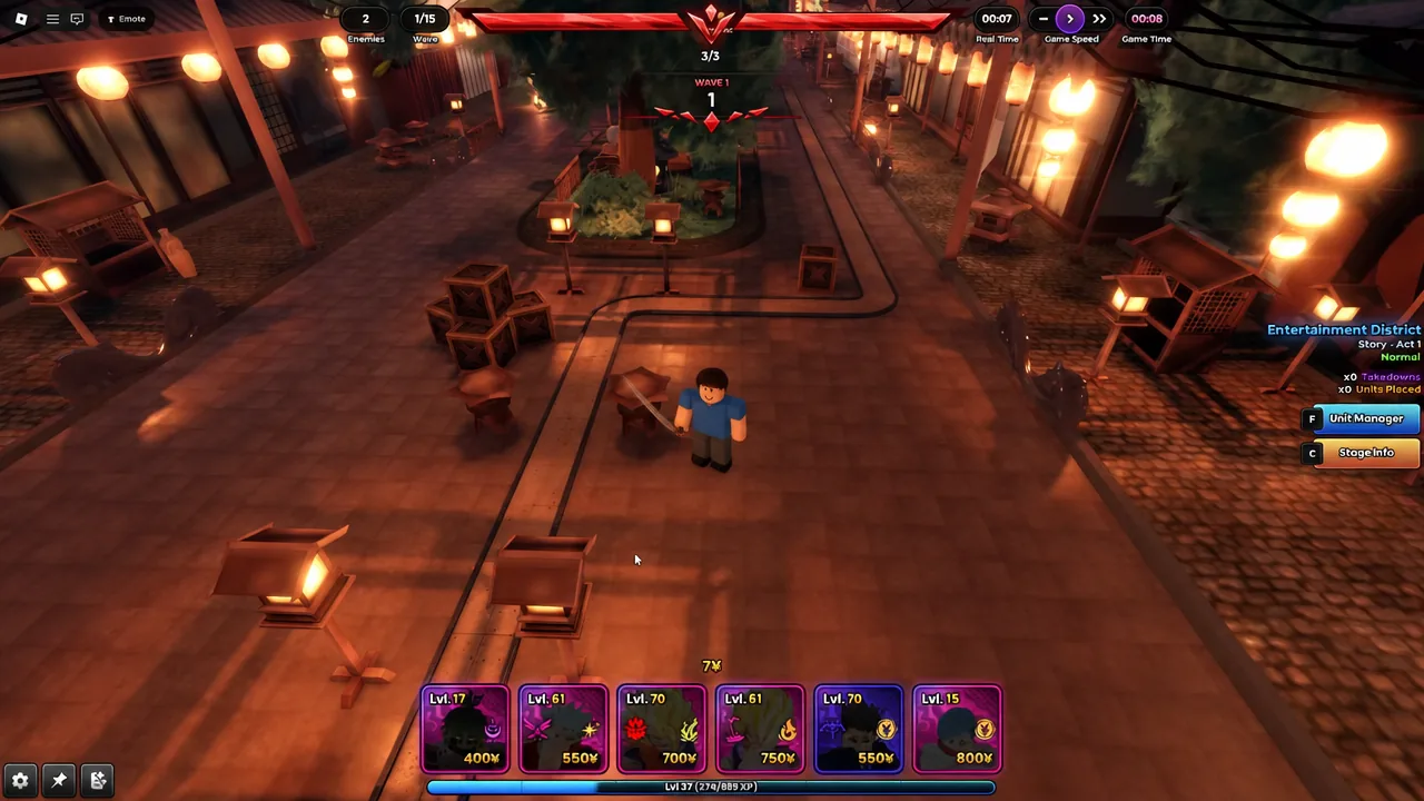 Wave 1 of an Entertainment District story stage with unit cards along the bottom of the screen