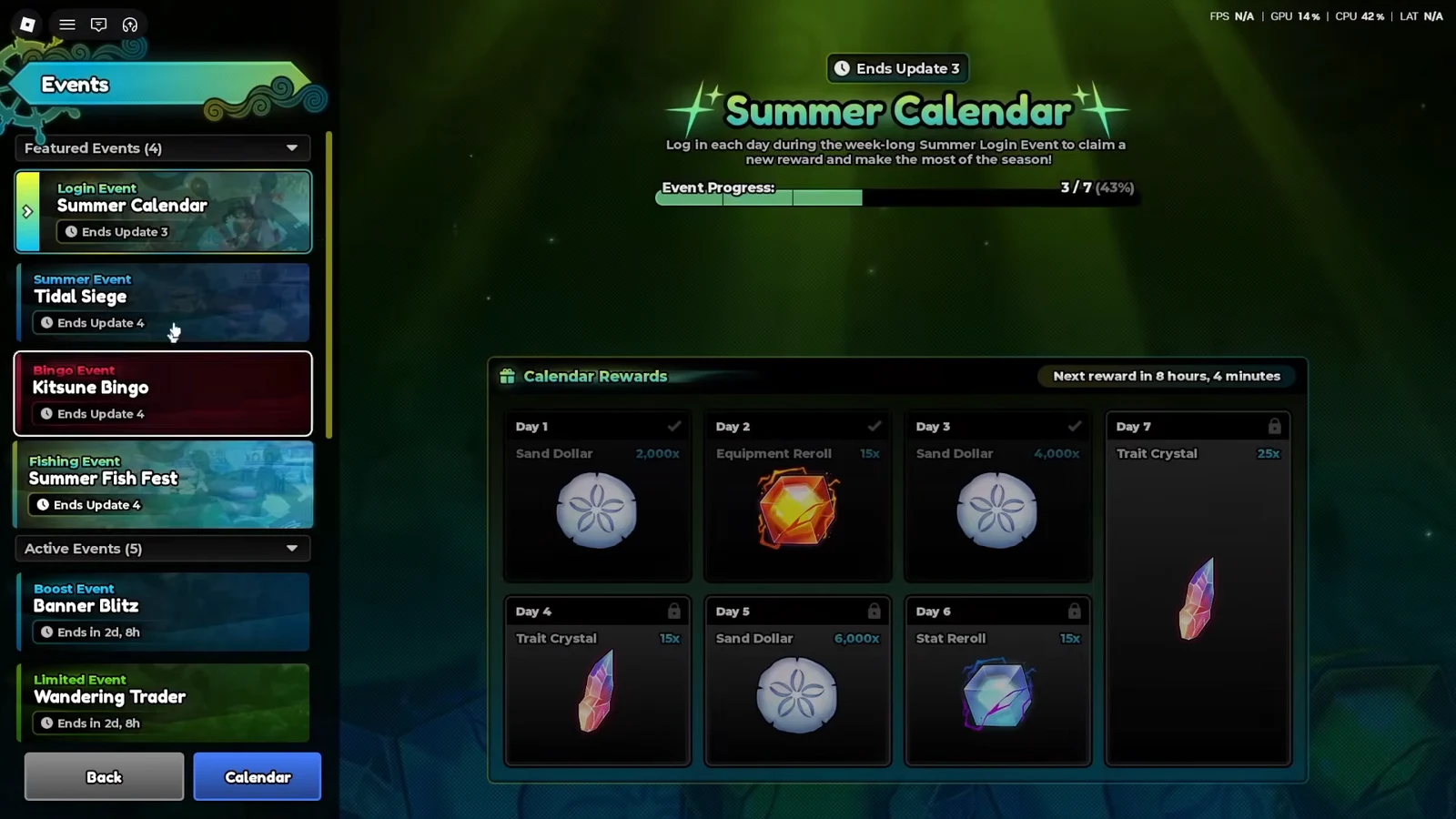 Events menu open on Summer Calendar showing the Calendar Rewards login grid