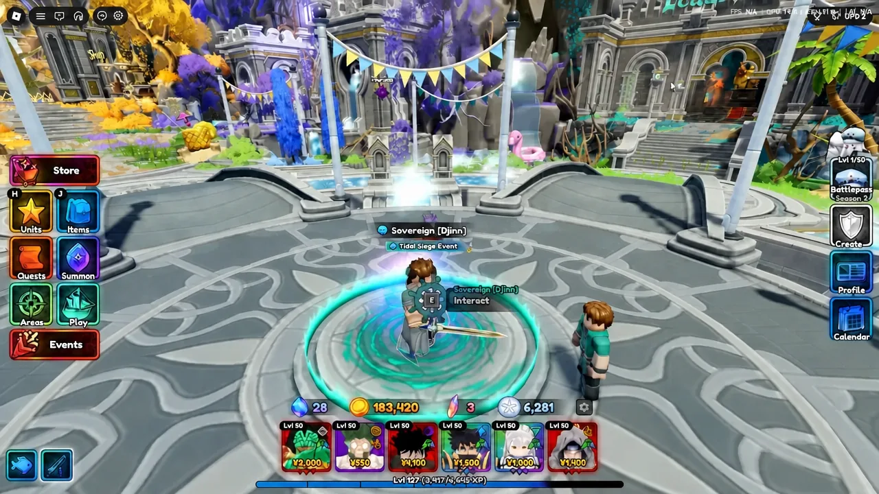 Anime Expeditions lobby with an E Interact prompt showing over the Sovereign [Djinn] statue
