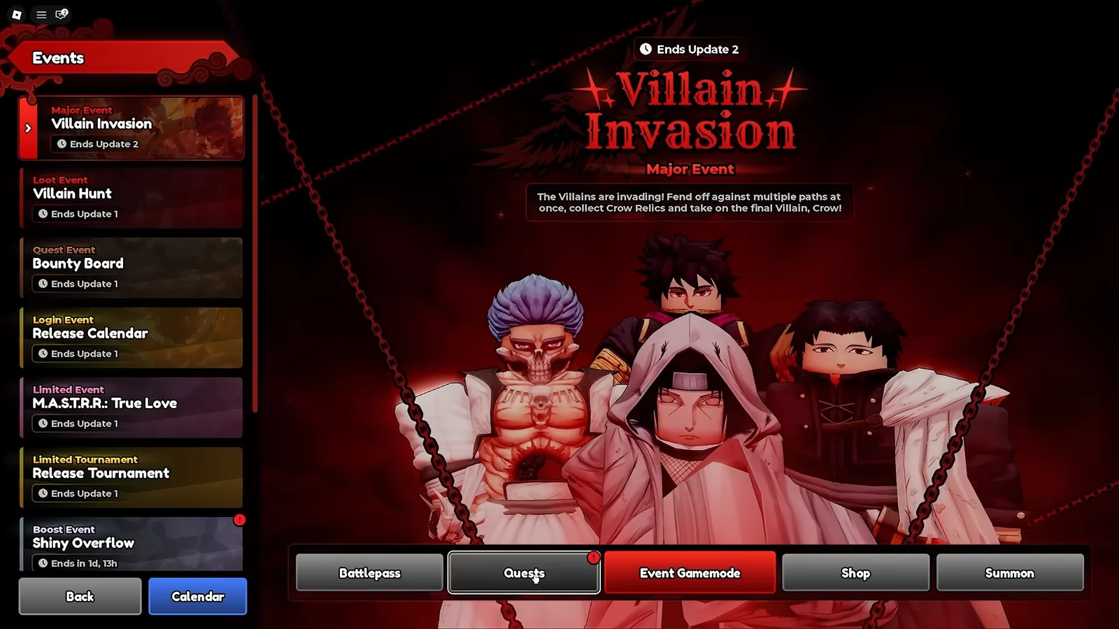 Events menu with Villain Invasion selected under the Event Gamemode tab