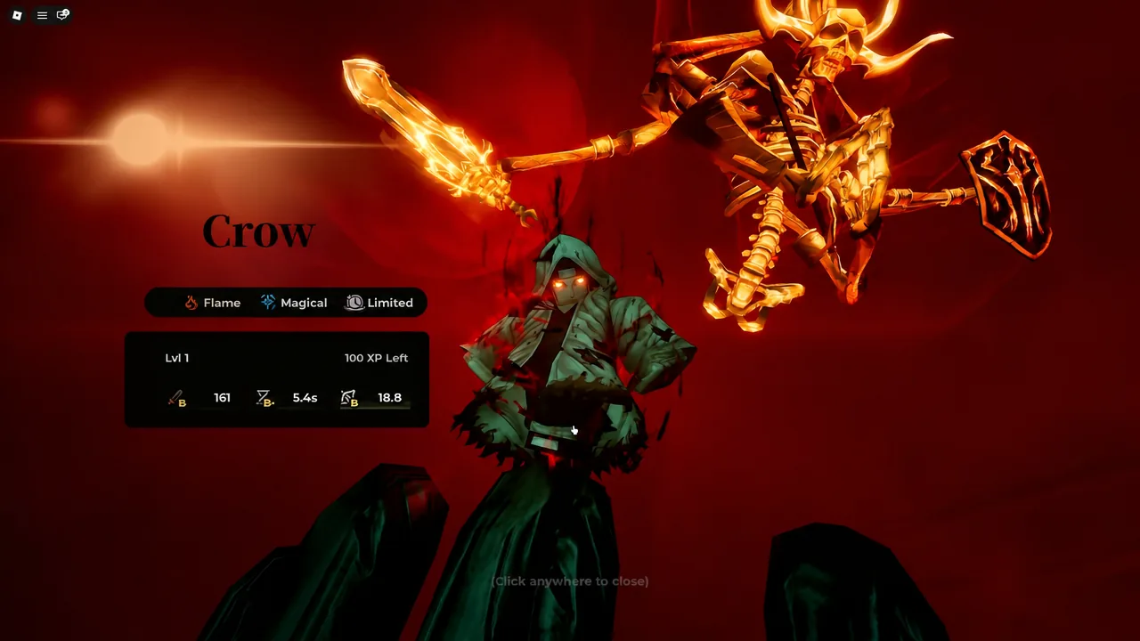 Crow character details screen showing level, stats and type tabs after a summon