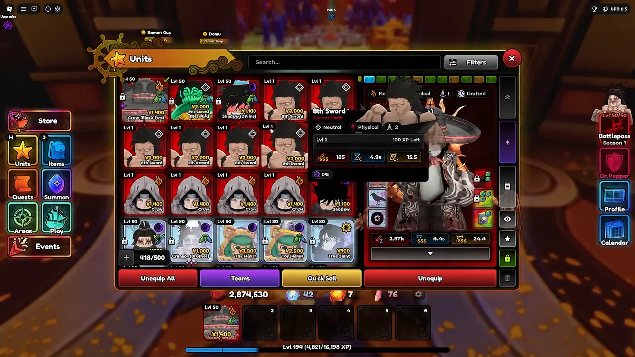 Units menu open with a Secret unit selected, showing its full stat breakdown