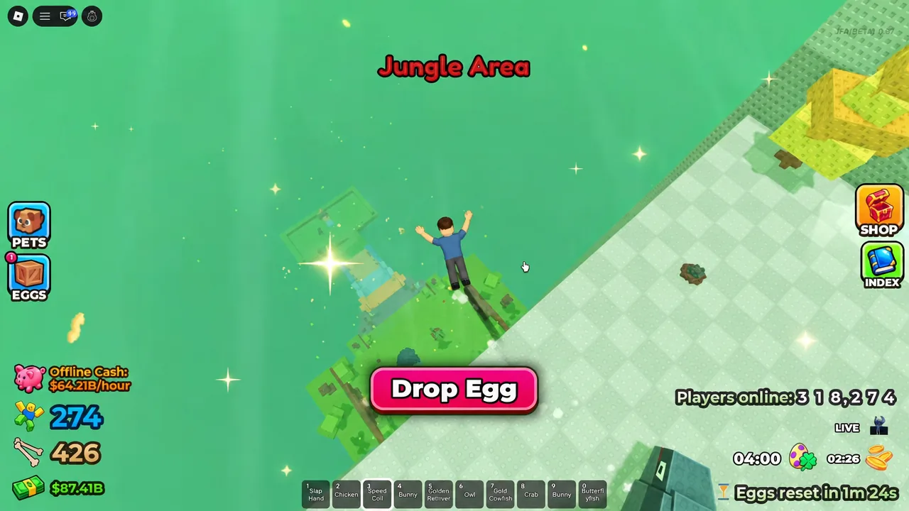 The highlighted Drop Egg button on screen while carrying an egg in the Jungle Area
