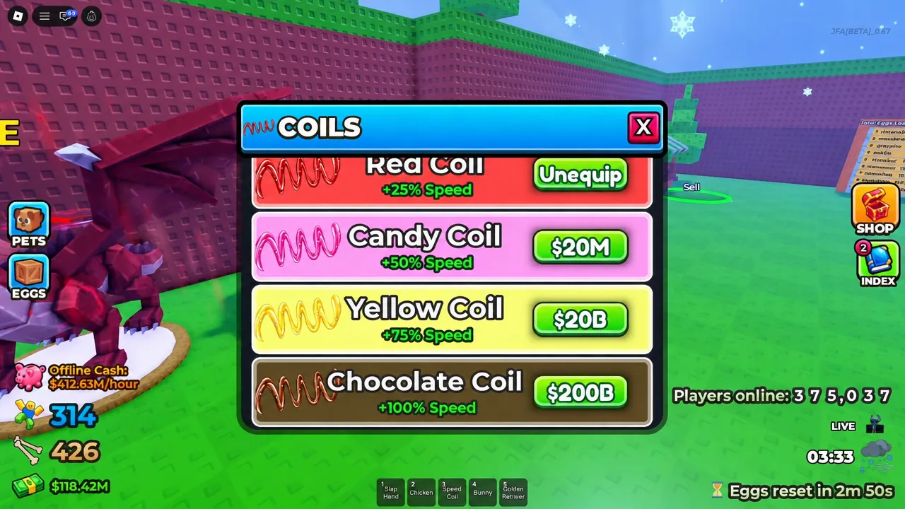 The COILS menu with the Red Coil equipped and a green Unequip button
