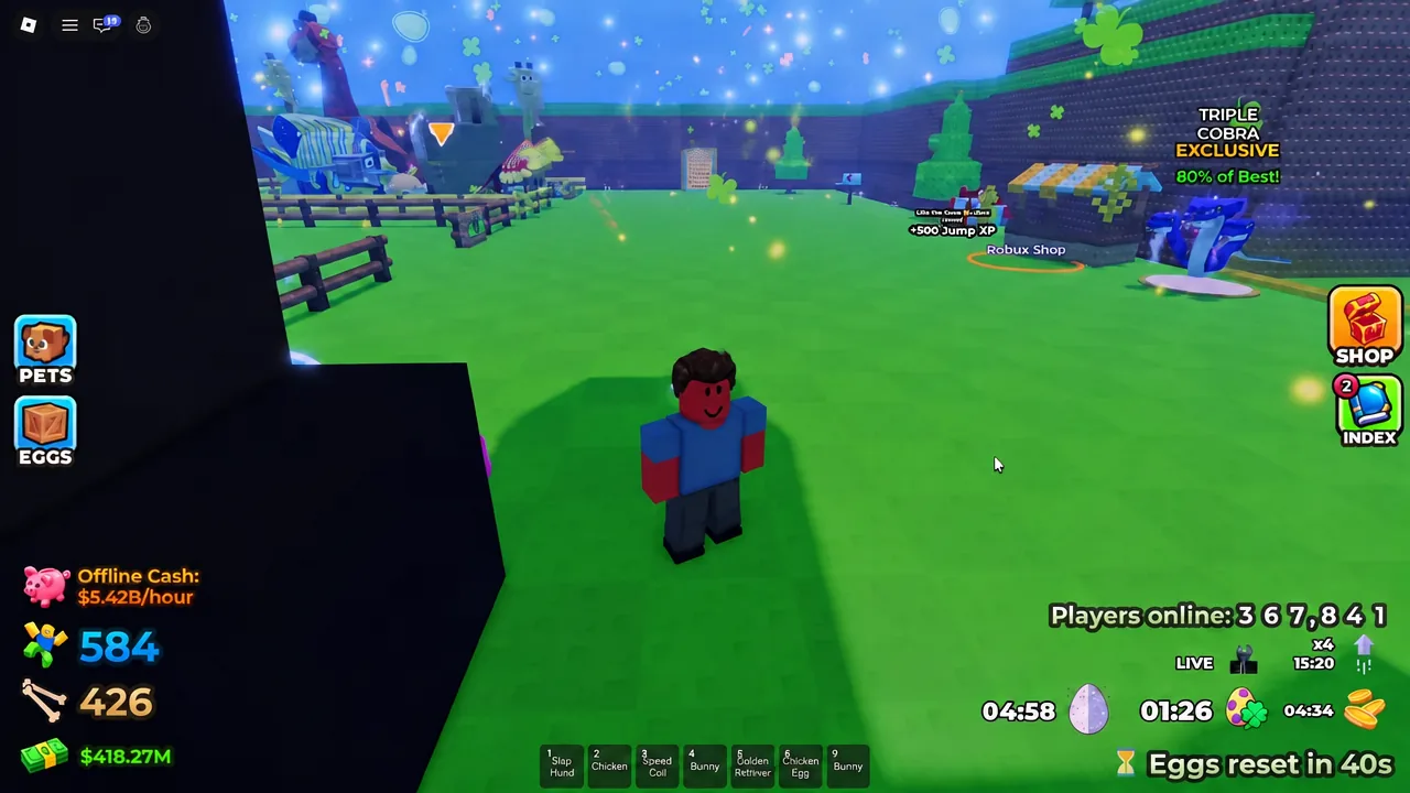 Player avatar walking up to the highlighted Robux Shop stand in the hub area