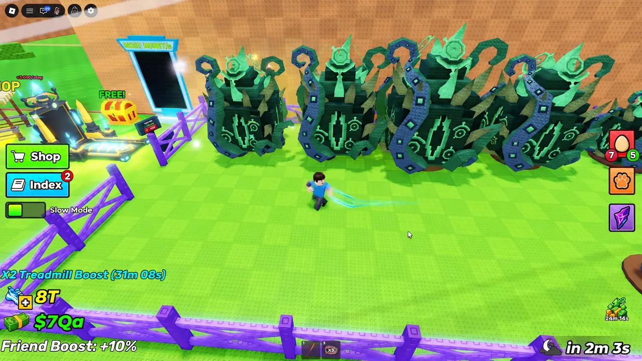 Player avatar walking toward a row of green hatching machines with Shop and Index buttons on screen