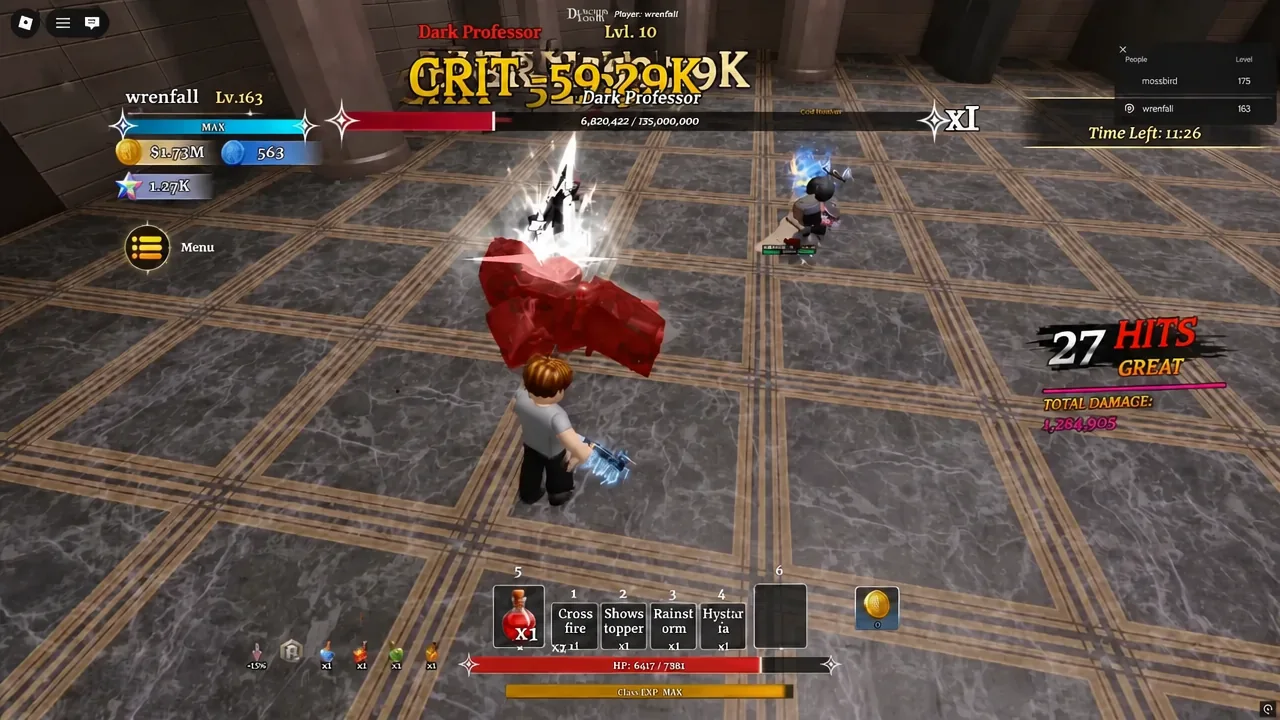 Dark Professor battle with a 27-hit damage counter shown during a sustained attack chain