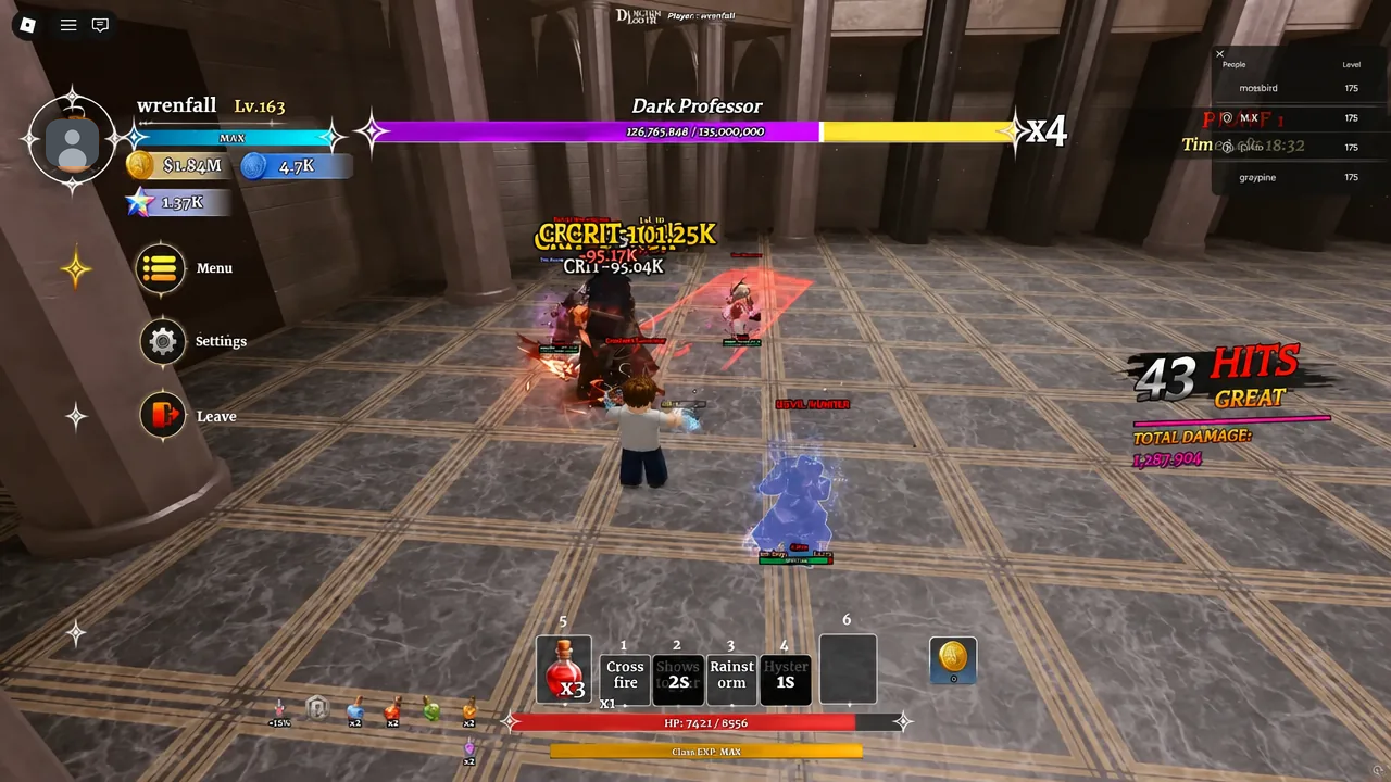 Player attacking the Dark Professor while the hit counter and ability bar track the combo