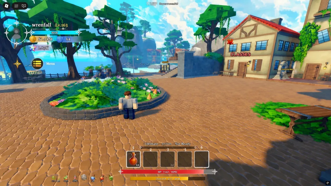Player standing in the town plaza with the Menu button visible on the left side of the screen
