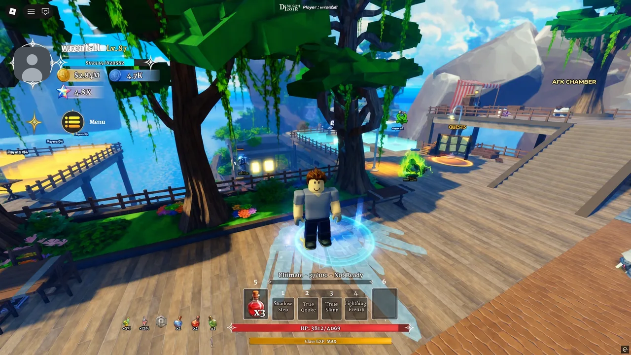 Dungeon Lootr hub area with the Menu button visible beside the player character