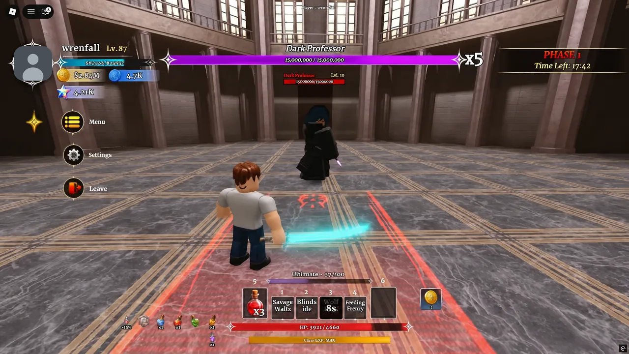 Dark Professor fight in progress with the pause menu overlay open mid-battle