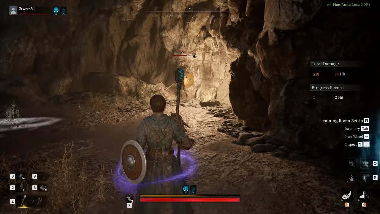 Training Room damage test against a shielded enemy target with the total damage readout on screen