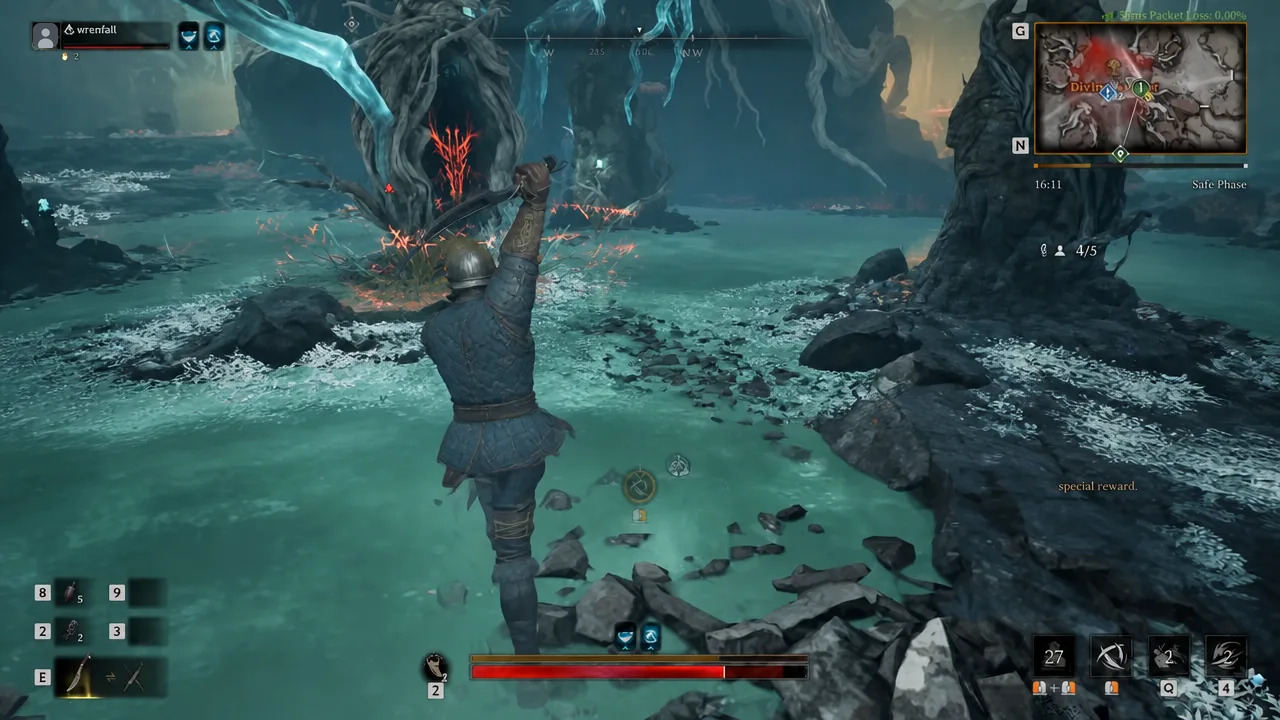 Player character mid-attack with weapon raised, combat HUD and minimap on screen