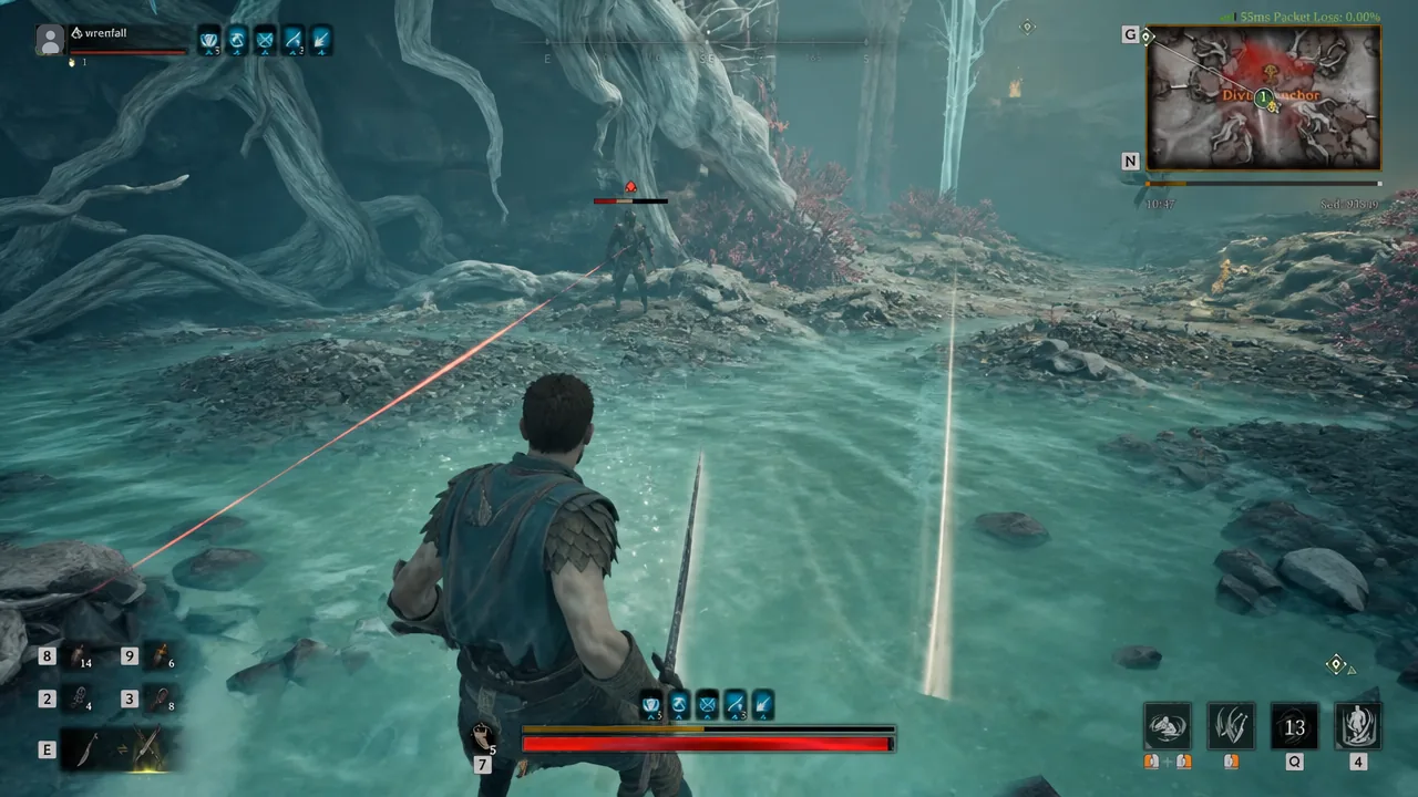 Player attacking a targeted enemy with the health bar, ability icons, and minimap visible on the HUD