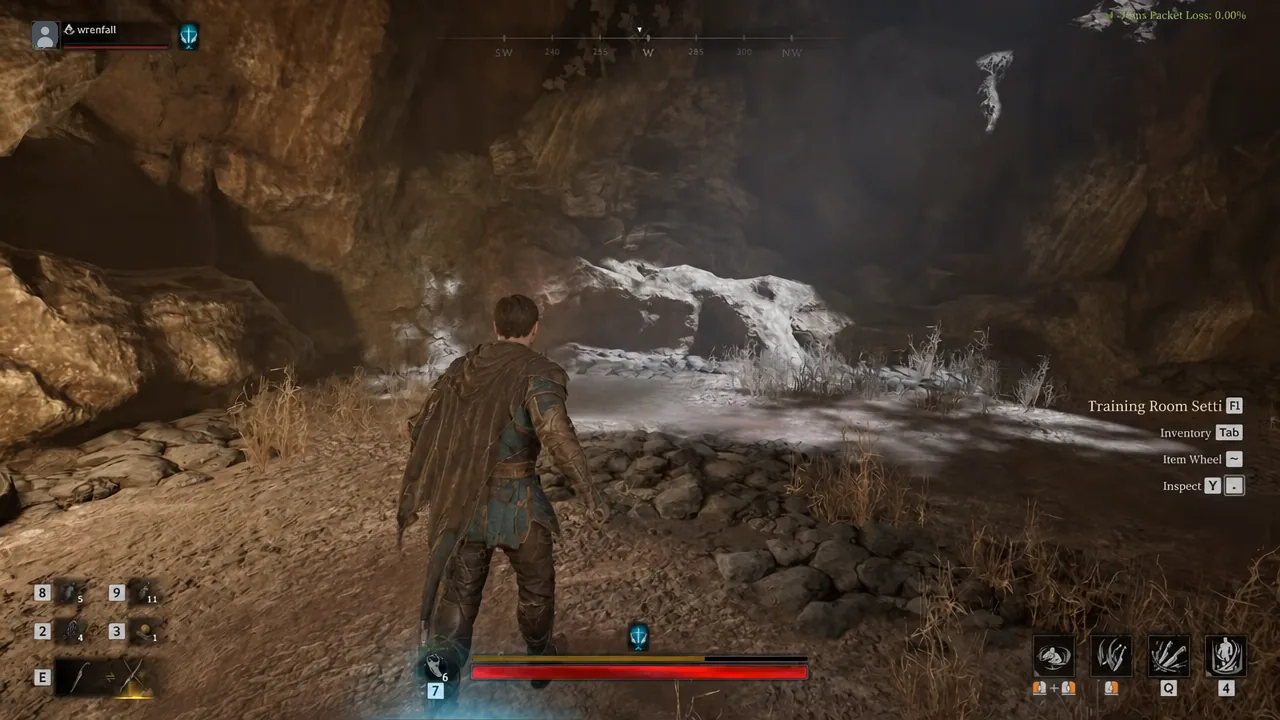 Player standing in the Training Room cave area with the Training Room Settings F1 prompt on screen