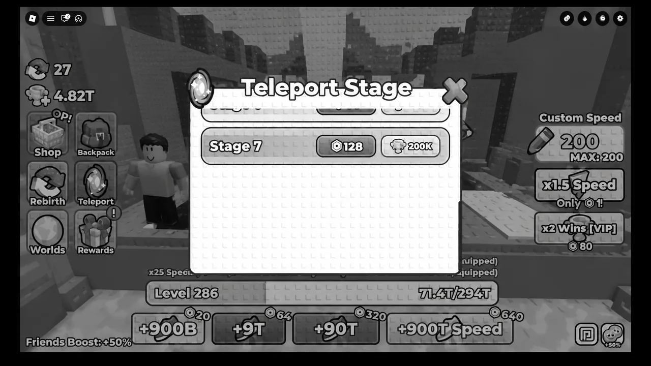 Teleport Stage menu with the Stage 7 row and its Robux and Wins cost options