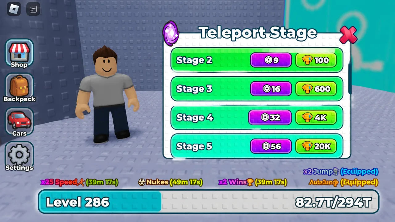 Teleport Stage menu listing Stage 2 through Stage 5 with their required currency
