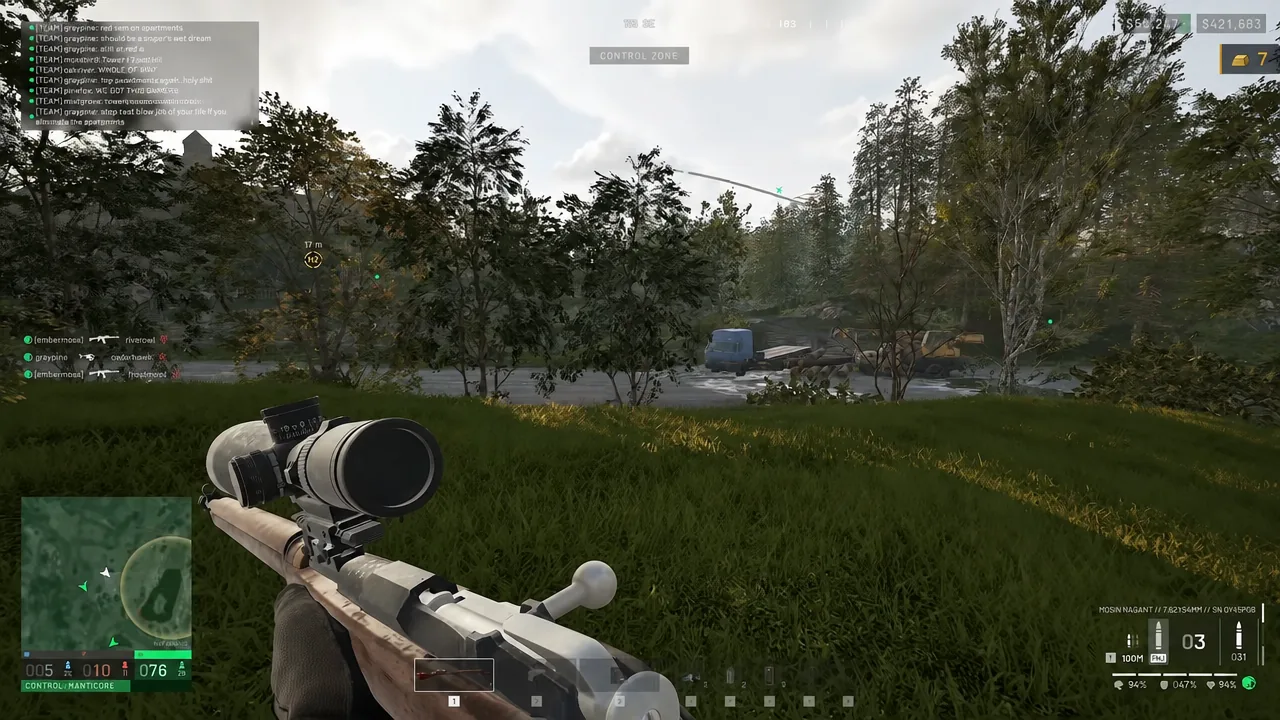 Smoke grenades laid across water and a road to screen a squad crossing toward the hills
