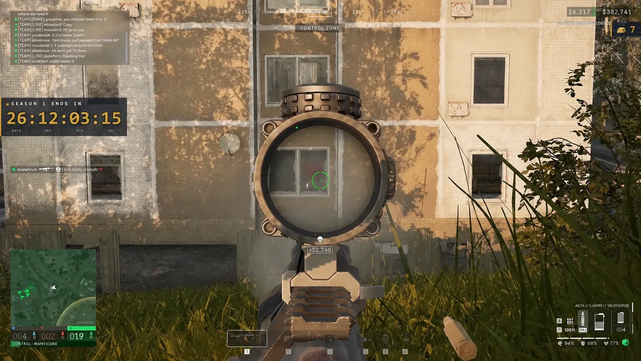 Scoped rifle reticle held on a building window during a Control Zone firefight